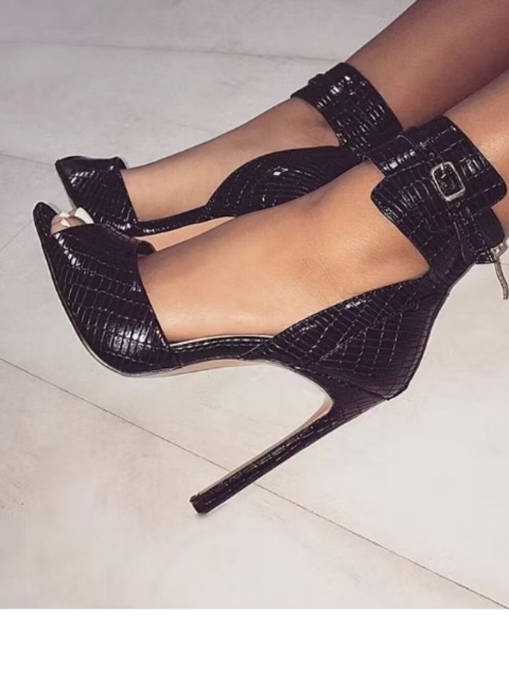 FSJ Black Peep Toe Stiletto Heels Lizard Embossed Ankle Cuff Sandals